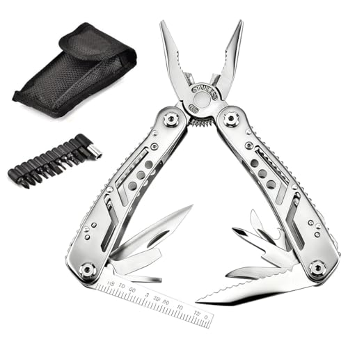Multitool Pliers with Pocket Knife 24-in-1, Stainless Steel Folding Utility Tool with Screwdriver Bit Saw, Bottle Opener, Plier Wire Stripper, Heavy Duty Spring-Action Multi Plier for Camping Hiking