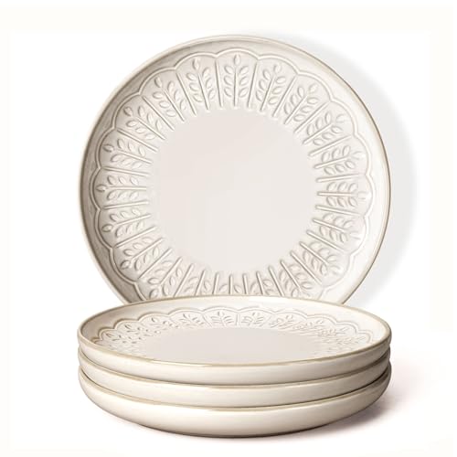 Artena Salad Plates Set Of 4, 8.5 Inch Embossed Ceramic Dinner Plates for Appetizer Dessert, Kitchen Plates With Lipped Edges, Microwave Oven Dishwasher Safe (White, Wheat Leaf)