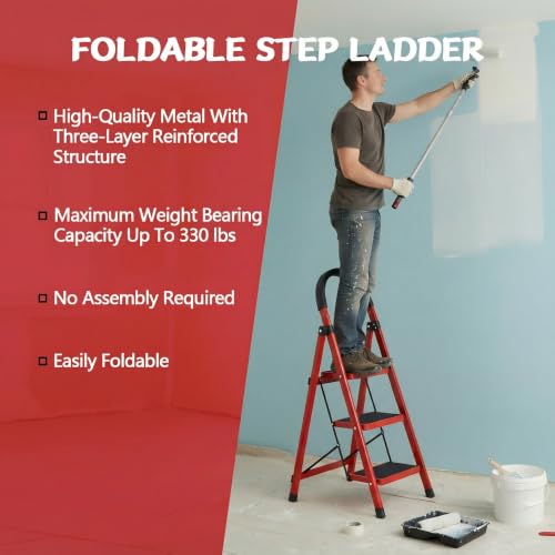 WAWINY 3 Step Ladder Folding, Step Stools for Adults with Wide Anti-Slip Pedals, Curved Cushioned Handrail and Safe-Lock Design, Heavy Duty Portable Multi-Purpose Ladders for Home, Kitchen, Household by WAWINY - Used condition - Image 3