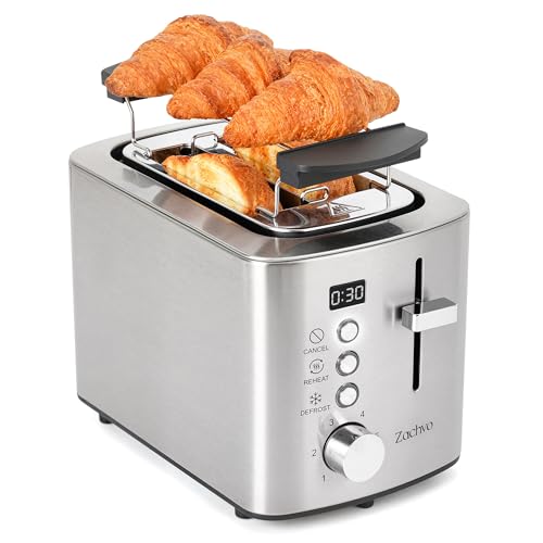 Edelstahl 2 Scheiben Toaster mit LED-Countdown & Brötchenaufsatz mit 2 Auflagestreben, 6 Bräunungsstufen, Auftauen, Aufwärmen und Stopp-Funktion,herausnehmbare Krümelschublade, 1,1 m Kabel, Silber