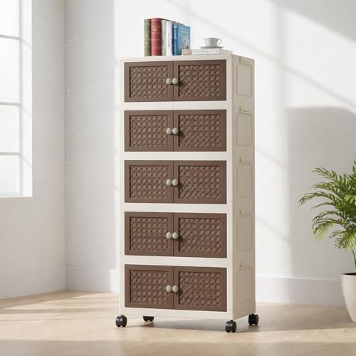 Image of House of Quirk Rattan Design Foldable Storage Box with Wheels, Stackable Storage Bins with Lid, Multi-Purpose Organizer, Space-Saving Storage Cabinet for Home (Cream /Brown, 5 Layer)