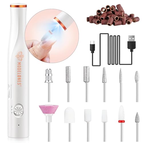 modelones Torno para Uñas Profesional, 12 en 1 Lima ElectricaUuñas 22000RPM, Nail Drill Recargable USB con Luz de La Punta, Broca Unhas, Velocidad Ajustable Set de Manicura y Pedicura para Salón DIY