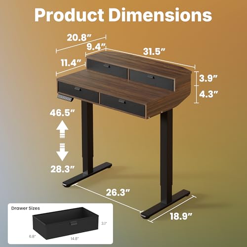 Image of HUANUO 32 X 20 inch Electric Standing Desk with 4 Drawers, Adjustable Height Sit Stand Home Office Desk, C-Clamp Mount Compatible, Ergonomic Stand up Desk with 4 Preset Heights, Walnut