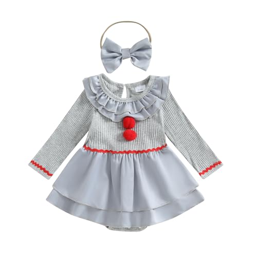 Baby Girl Halloween Outfit Clown Dress Ruffle Romper Long Sleeve Patchwork Doll Collar Onesie Cute Fall Clothes