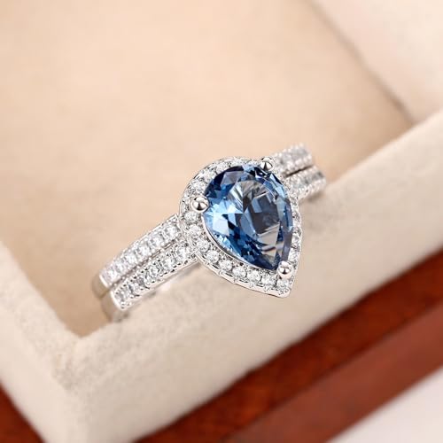 2Pcs White Gold Plated Blue Cubic Zirconia Statement Ring Personalized Accessory Ideal for Women's Daily Casual Wear Party Holiday Anniversary Love Jewelry Gift3