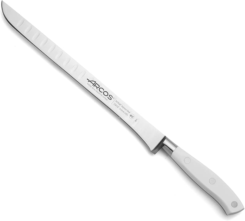 ARCOS Couteau à jambonen acier Nitrum et lame de 250 mm. Poignée ergonomique en Polyoxyméthylène POM. Série Riviera Blanc. Lame fine avec un bord lisse caractéristique. Couleur blanche.