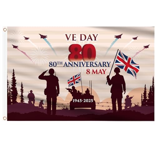 AhfuLife Large VE Day 80th Anniversary 2025 Flag 3Ft x 5Ft - 80 Years Victory in Europe RAF 1945-2025 UK WW2 WWII Decorations