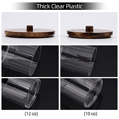 Image of Tbestmax 4 Pack Qtip Holder Dispenser Cotton Ball, Cotton Swab, Floss - 12oz, 10 oz Clear Plastic Apothecary Jars for Bathroom Organizer and Storage Containers (Brown Wood Lids)