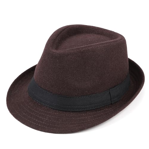 Unisex Classic Manhattan Fedora Hat with Black Band Fashion Casual Jazz Wool Cap（Coffee）