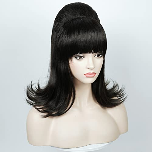 Aicos Black Beehive Wig Fembot Flipped Up Costume Wig,Vintage Wigs Fit For 60S 70S Costume,Pinup Pelucas Retro Wig Big Bouffant Hair Wigs For Women #TOP2