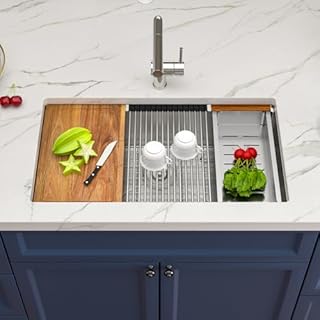 33 Undermount Kitchen Sink - IOROYO 33x19 Undermount Kitchen Sink Workstation Stainless Steel Single Bowl Round Corner Under Counter Sink Basin with Built In Accessories