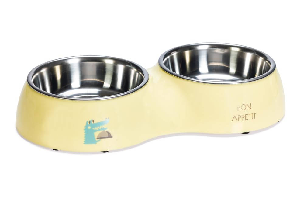 Beeztees Köpek İkili Mama ve Su Kabı, Paslanmaz Çelik, Sarı, 34x17,5cm, 2x350ml