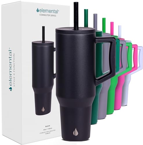 Image of Elemental Spill Proof 40oz Insulated Tumbler with Handle & Straw Travel Mug | Stainless Steel Commuter Travel Coffee Mug for Cold Beverages, Includes 2 Straws & a Spill Proof Lid for Everyday Use