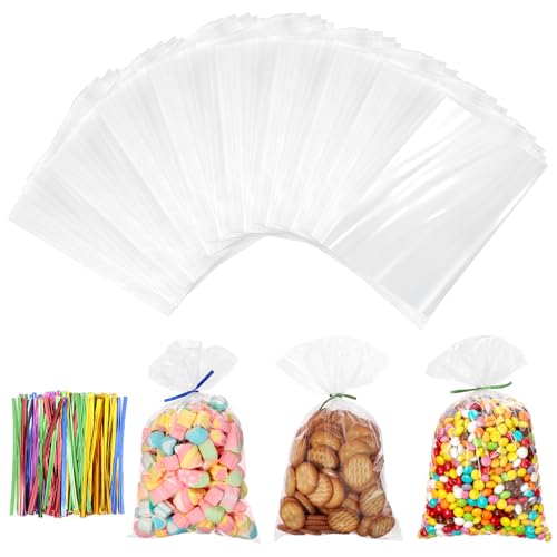 Cozary 200 peças bolsas de celofan transparente, 25 x 15 cm, pequenas malas de presente com correias coloridas, saco de carros OPP para festas de aniversário infantis