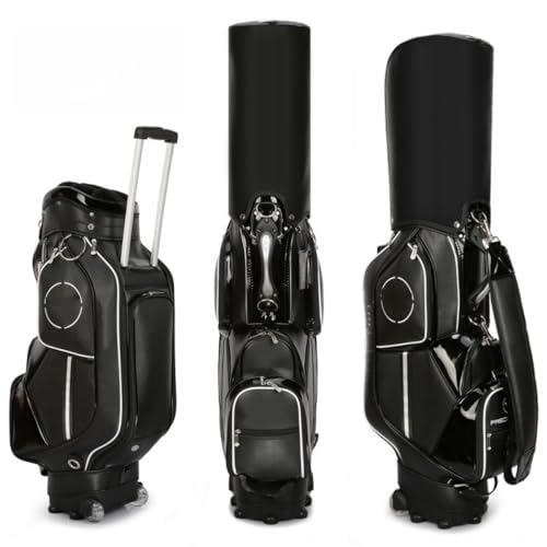 TZZTキャディバッグ ゴルフ キャディバッグ クラブケース 5ファスナーポケット付き キャスター付きゴルフケース コンシール可能 な格納式トロリーバー キャスター付き 取り外し可能なショルダーストラップ付き キャディーバッグ スタンド (ブラック)