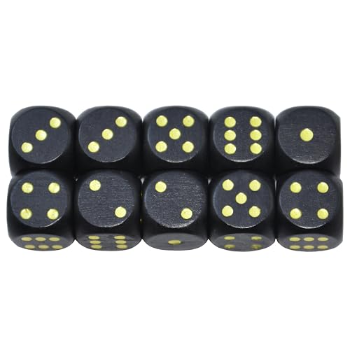 StarMall Set of 10 16MM Six Sided D6 Round Wooden Dice Set (Black)