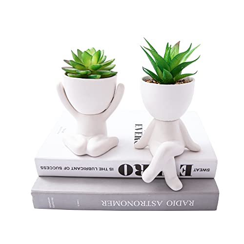 2 PCS Unique Artificial Plants Succulents Office Decor for Women and Men, Small Fake Plants with Human-Shaped Pots, Cute Faux Plants Indoor for Office or Home Decoration, White