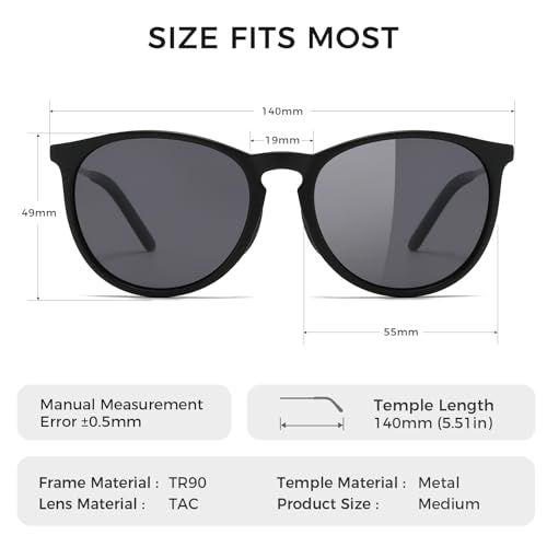 Image of SUNGAIT Original Design Trendy Sunglasses Polarized Vintage Round Classic Retro Style for Women and Men (2026 Matte Black Frame /Gray Lens)