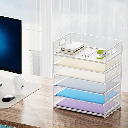 Image of Marbrasse 2 Pack Desk Organizer with Handle, 6 Tier Paper Letter Tray, Mesh Desk File Organizer for Office, School and Home - Whtie