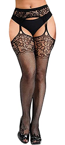 Image of Women's Floral Fishnet Stockings with Attached Garter Belt