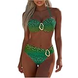 Guhmomh Bikini Damen Set Push Up Badeanzug Zweiteiliger Bademode Sommer Leopardenmuster Badeanzüge Oberteil mit Triangel Bikinihose Strand Bikini Sets für Frauen Swimsuits Sexy Badebekleidung Grün L
