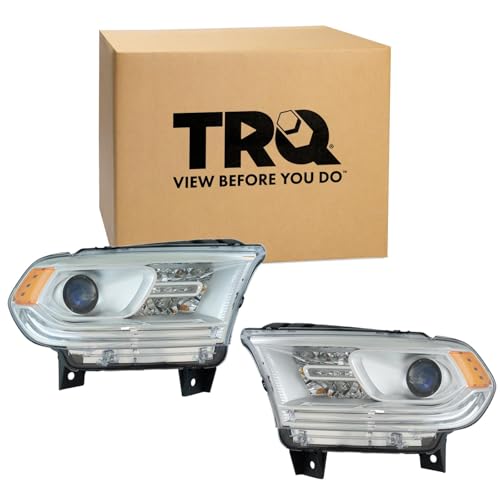 Image of TRQ 2 Piece Headlight Assembly Set Chrome Bezel Driver & Passenger Side Compatible with Dodge Durango 2014-2017 Without LED Daytime Running Lights CH2502256 CH2503256 68188730AI 68188731AI