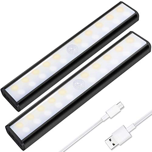 LED Motion Sensor Cabinet Light,Under Cabinet Lighting Closet Light 20 LEDs, Wireless USB Rechargeable Cabinet Night Lights, Magnetic Under Counter Lighting for Closet Cabinet Wardrobe Stairs (Black)