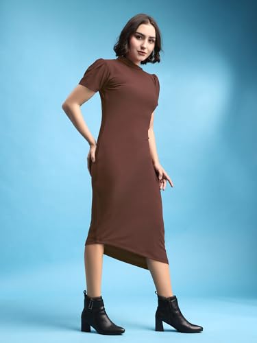 Image of PURVAJA Women's Bodycon Midi Short Sleeve High Neck Solid Dress