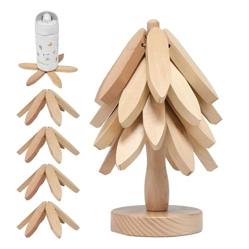 Tree Shape Wooden Trivets for Hot Dishes?4 Wooden Trivets + 1 Stand stored Like a Christmas Tree?for Easy Storage?Multifunctional Ornaments (Beech)