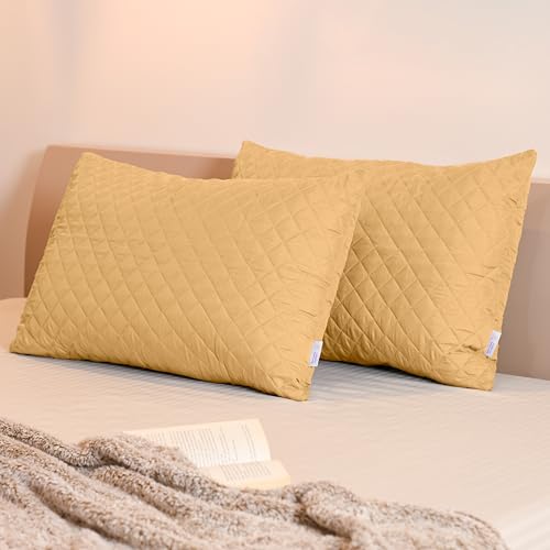 Image of MY ARMOR Waterproof & Dustproof Cotton Quilted Pillow Cover Protectors, Standard Size | 220+ GSM- Set of 2, Beige (18 inch x28 inch)
