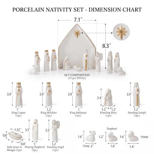 Image of NEROSUN Nativity Scene Set, 13Pcs White Ceramic Christmas Nativity Scene Tabletop Decorations, Miniature Holy Family Figurines for Holiday Table Mantel Decor Christmas Spiritual Gift