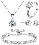 4pcs Set Zirconia Pendentif Collier Boucles d'oreilles Bangle Bague Argent cristal Mode Ajustable Bijoux pour femmes Adolescents Filles Femme Party Promo Cadeaux de fiançailles