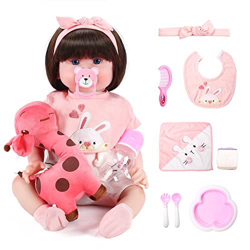 EveStone Reborn Baby Dolls Set, 22 Inch Realistic Newborn Real Life Baby Alive Dolls Girl with Giraffe Stuffed Animal, Lifelike Soft Silicone Babies Born Doll with 11PCS Interactive Accessories Toys
