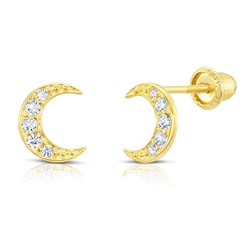TILO JEWELRY 10k Yellow Gold Tiny Moon Crescent CZ Stud Earrings with Screw-Backs