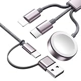 Travel Essentials for Apple Watch Charger, 3 in 2 Multi Fast Charging Cable for iPhone Charger, USB C Cable Cord Compatible with iWatch Ultra(Gray, 4FT)