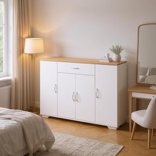 HOMYLIN Armario de dormitorio con parte superior de grano de roble, 1 cajón y armarios de doble capa, estantes ajustables, unidad de almacenamiento de ropa con acabado de lino MDF, color blanco