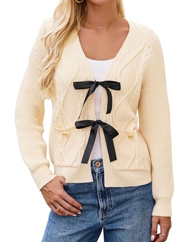 BMJL Womens Cardigan Sweater Cropped Tie Front Bow Sweaters Cable Knit Long Sleeve Trendy Clothes 2024