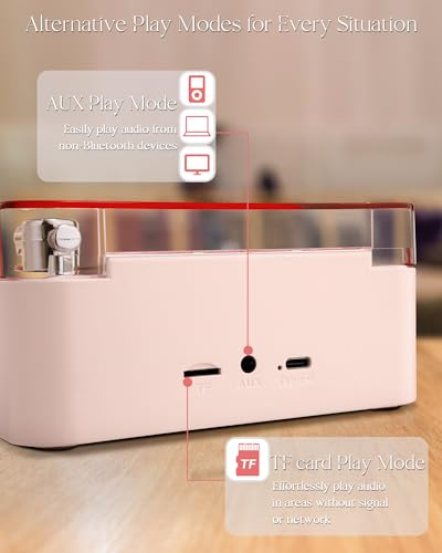 Waves Vinyl Bluetooth Speaker Pink,Mini Record Player Style Speakers with Ocean Sound White Noise, Retro Bluetooth Speakers Cute with Light and Timer Gifts for Girls Women Valentine's Day Party Favor