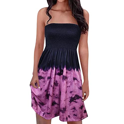 Kleider Damen Sommer Ärmellose Kleider für Frauen Casual Sommer Sexy Tube trägerlos trägerlos Druck A-Linie Rock Kleid Kleid Lila S, formelles Kleid Freizeitkleid Goth Kleid Kleider Damen Cover