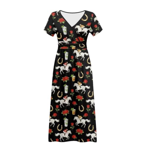 Image of Women's Fall Summer Short Sleeve Ankle Length V-Neck Party Dress with Pockets Size S-3XL