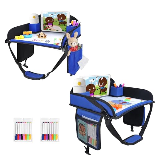 Image of Kids Travel Tray, 2Pcs Car Seat Lap Tray for Toddlers, Road Trip Essentials for Car & Airplane Activities, Portable Organizer with Drawing Kit & Snack Compartments & Markers, Blue
