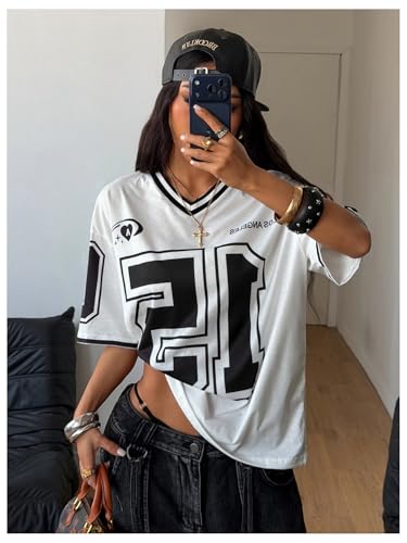 Image of SOLY HUX Jersey Shirts for Women Number Graphic Print V Neck Baggy Tees Hip Hop Streetwear