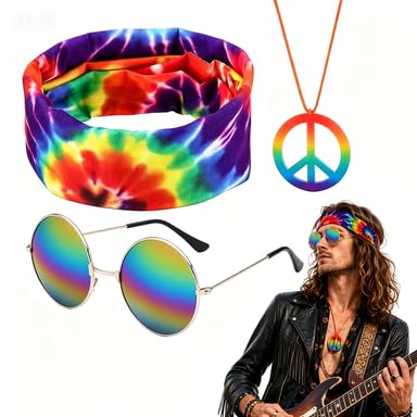 Efuwfugc 3 PCS Hippie Accessories, 70s Hippie Clothes, Retro Costume Party Outfit, Festival Attire Set, Hippie Costume Ensemble for Themed Events and Creative Photoshoots