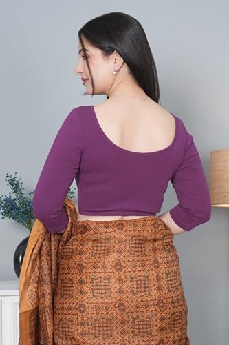 Image of Mlada V-Neck Stretchable Saree Blouse Top for Women | Slim Fit 3 /4th Sleeves Solid Cotton Blouses | Readymade Saree Blouses for Women Festive & Ethnic | Blouse Crop Top