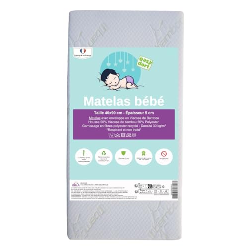 Easy Dort - Matelas couffin bébé 40 x 90 cm - Berceau, nacelle ou lit bébé - Housse en Bambou | Été & Hiver | Double Face | Très Confortable | Fabrication Française 40x90 cm | Blanc