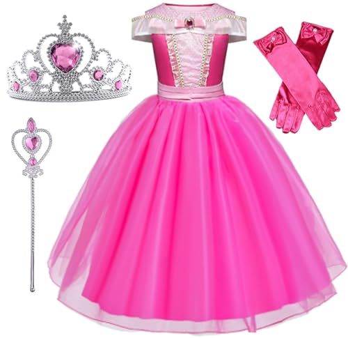 Vestido Princesa Rosa Infantil Aniversário Fantasia Roupa Luxo Longo e Kit (TAM 08 (veste 5 Anos))