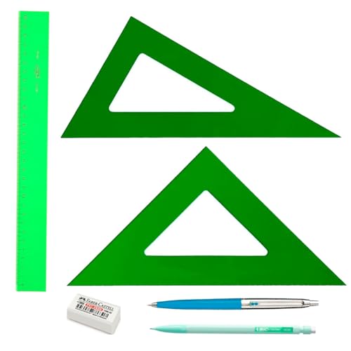 LOTE Faibo Técnico Regla verde 30 Cm GRADUADA + Escuadra Verde 30 Cm + Cartabón 30 Cm + REGALO portaminas 0,7mm + Bolígrafo INOXCROM + Goma de borrar