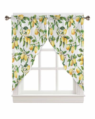 Litter Star Summer Lemon Swag Valance Curtains Watercolor Plant Fruit Art Rod Pocket Kitchen Curtain,Flower Leaf Scalloped Window Treatment Valances Swag Curtains for Living Room,36x36in