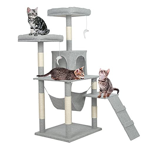 キャットタワー 大型猫タワー 夏向け 涼しいキャットタワー 布生地 オシャレ 高さ141cm キャットランド 据え置き 猫ハウス スロープ付き 爪とぎ 大きいハンモック 猫のおもちゃ付き 運動不足解消 ペット遊び場 安定性 組立簡単