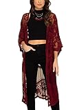 FaroDor Women's Long Flowy Lace Kimono Cardigan Boho Style Summer Beach Open Cover Ups Wine Red